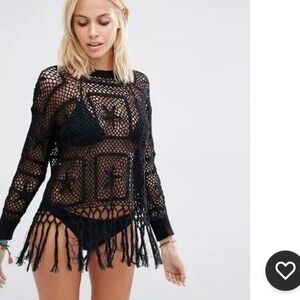 Wildfox Crochet Fringe Top Black L Sheer Goth Grunge Punk Boho Witchy Knit